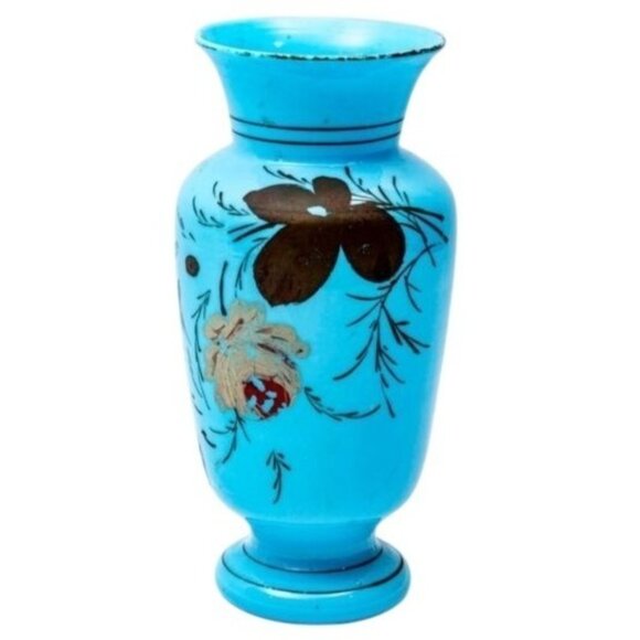 Antique Other - Antique Bristol Blue Hand Blown Glass Vase Victorian Hand Painted Floral